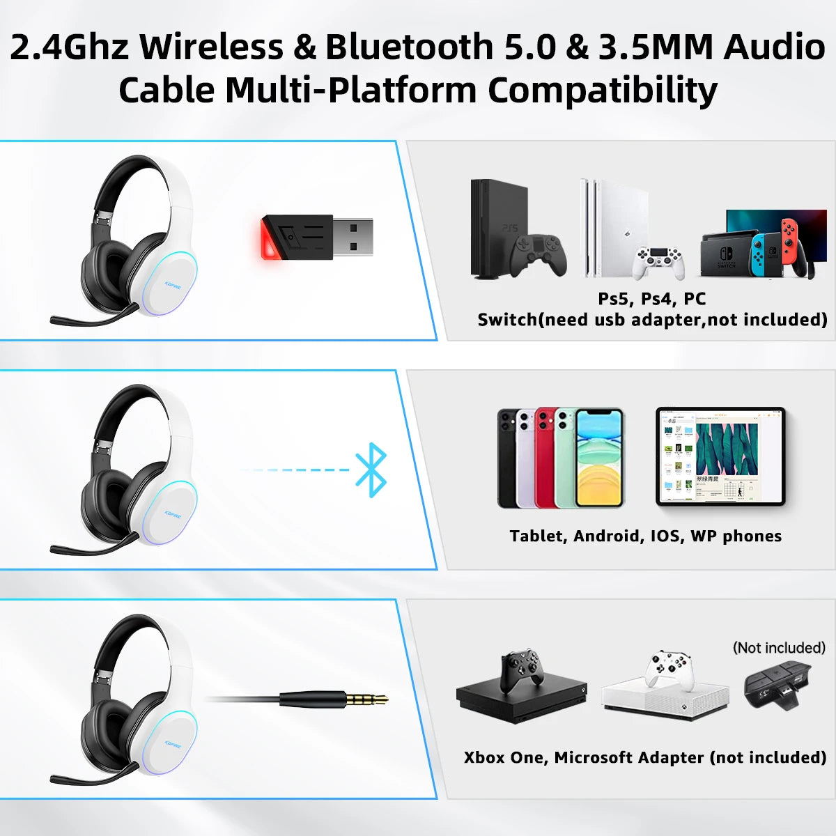 Kofire UG-05 Gaming Headphones 2.4G BT5.0 Wireless Headset With Mic RBG Light Vibration Bluetooth Earphone For PS4 PS5 PC Switch