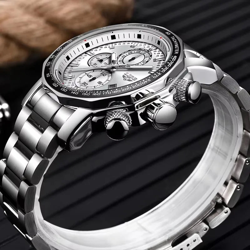 LIGE Men's Watches Chronograph Stainless Steel Waterproof Business Multi-functional Original Exclusive Wristwatch for Men+Box