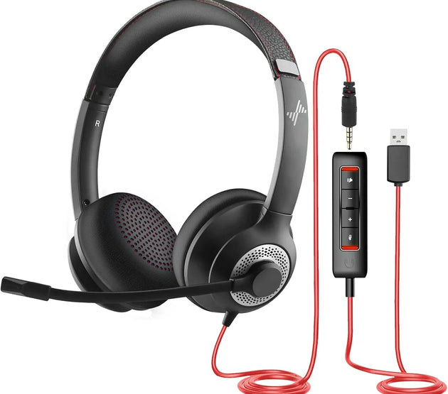 JIAMQISHI USB Headphones PC Computer Headset Noise Cancelling with MIC in-line Control for Home Office Online Class Skype Zoom