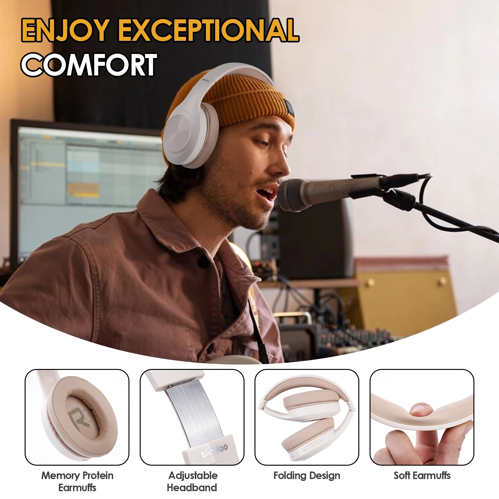 Siindoo JH-923 Wireless Headphones Over Ear,Foldable Bluetooth Headsets,3EQ Sound Modes, Hi-Res Audio with Mic Deep Bass Khaki