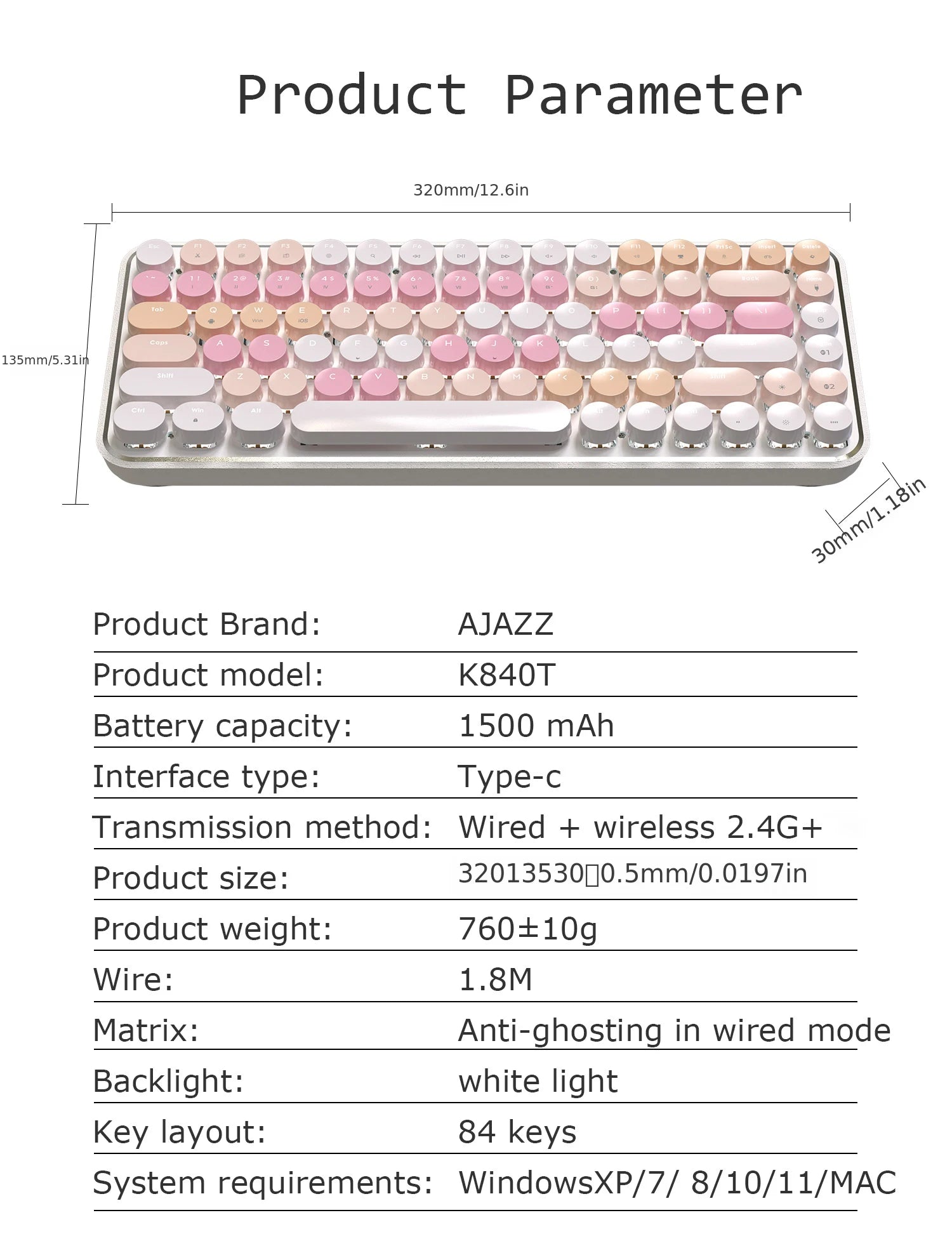 AJAZZK840T wireless mechanical keyboard bluetooth three-mode female office tablet laptop