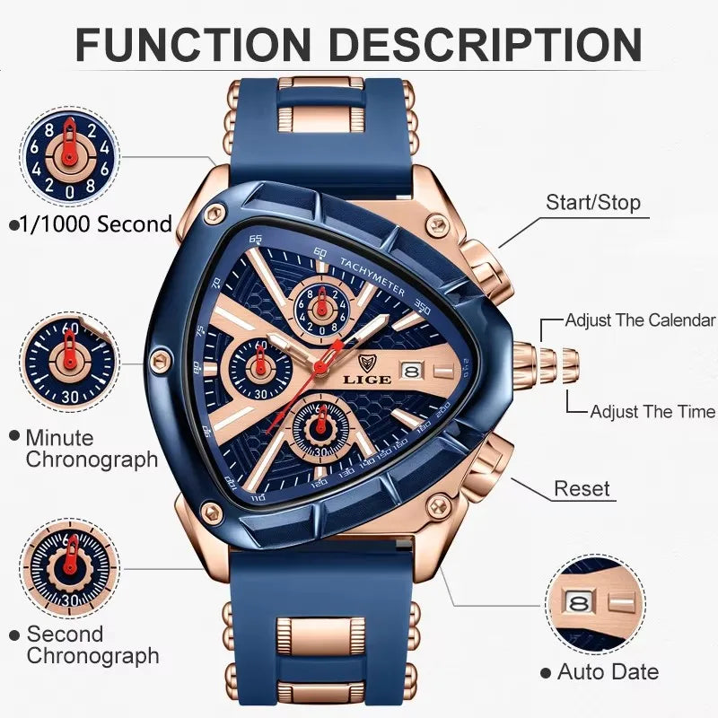 LIGE Fashion Men Watch Triangle Chronograph Military Wristwatch Sport Army Mens Watches Luxury Waterproof Quartz Clock Man Reloj