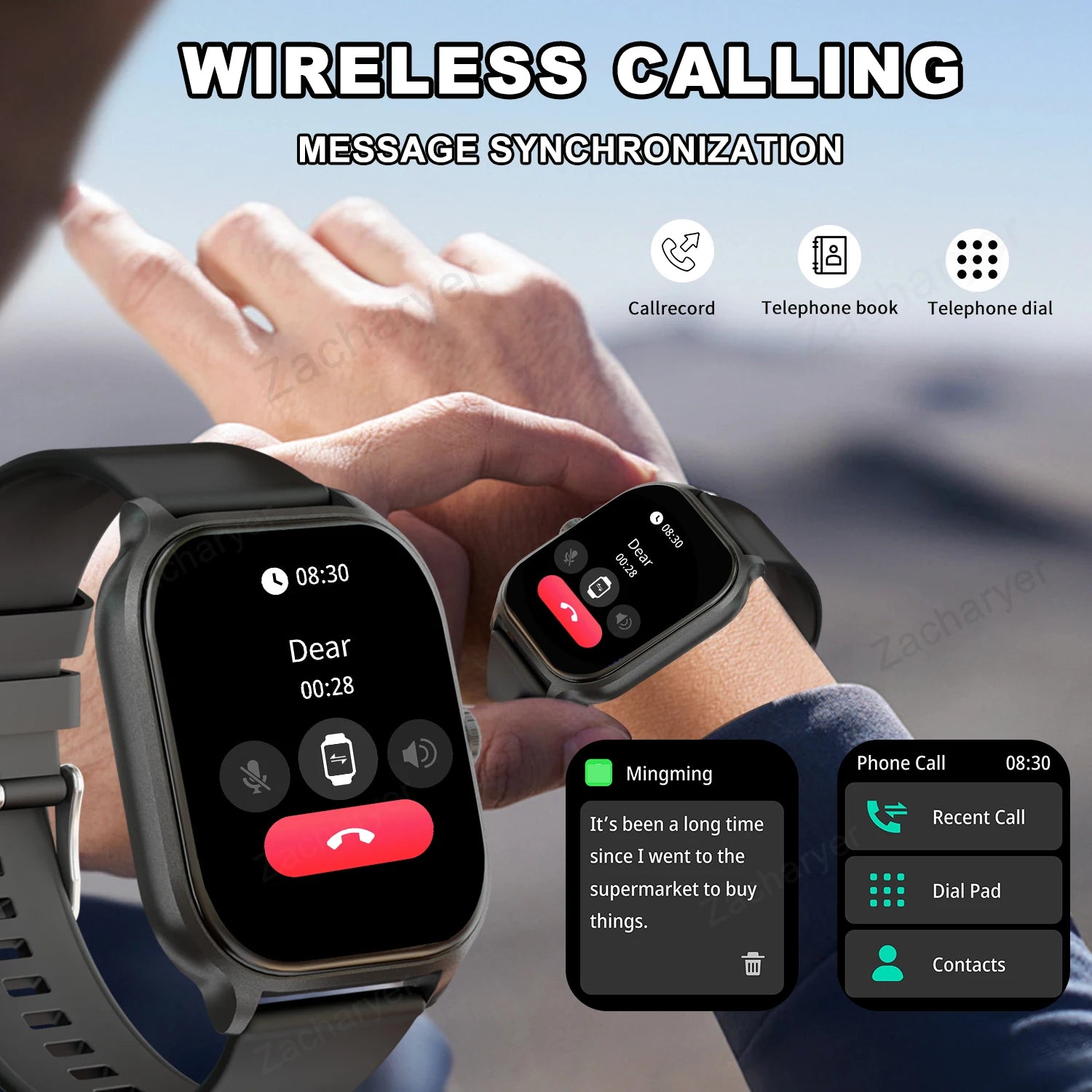 Smart watch, wireless calling/dial, multi-Sport mode, calling reminder and rejection, SMS reminder, for iPhone/Andriod