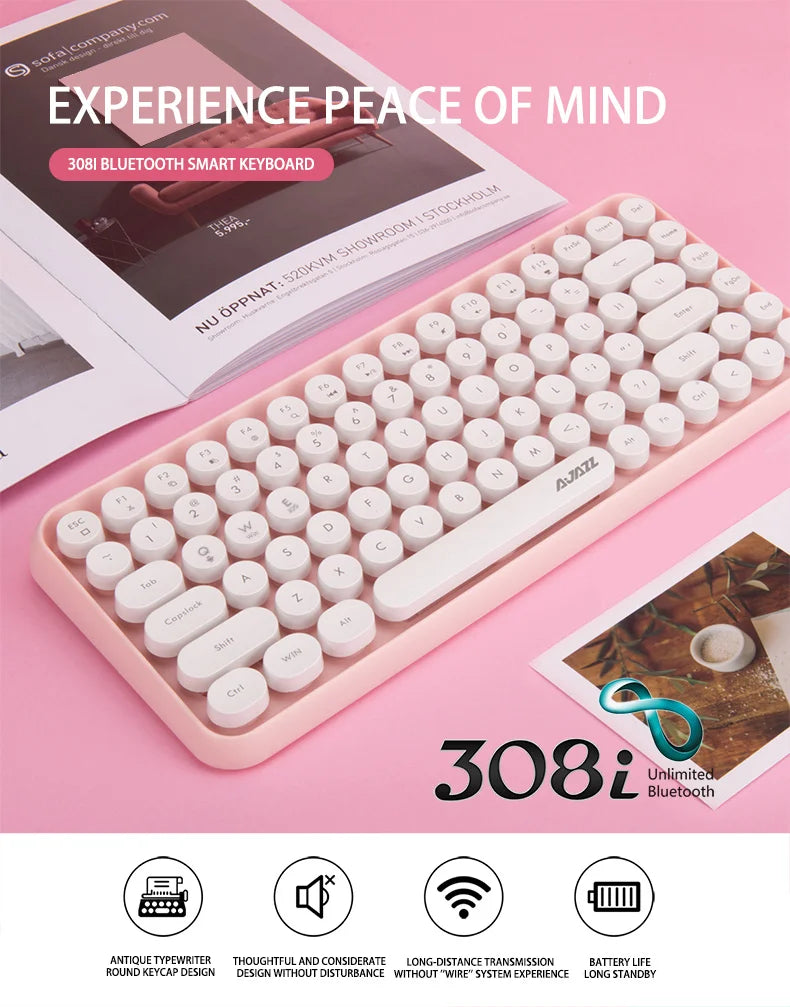 AJAZZ 308i Wireless Keyboard Bluetooth Silent Mouse for Laptop, Mobile Phone, iPad, Tablet Computer, Cute for Office Use