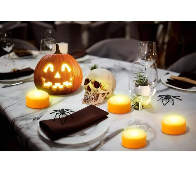 4 Pack Battery Operated Timer Halloween LED Pumpkin Lights with Remote Control for Flameless Flickering Orange Jack O Lantern D