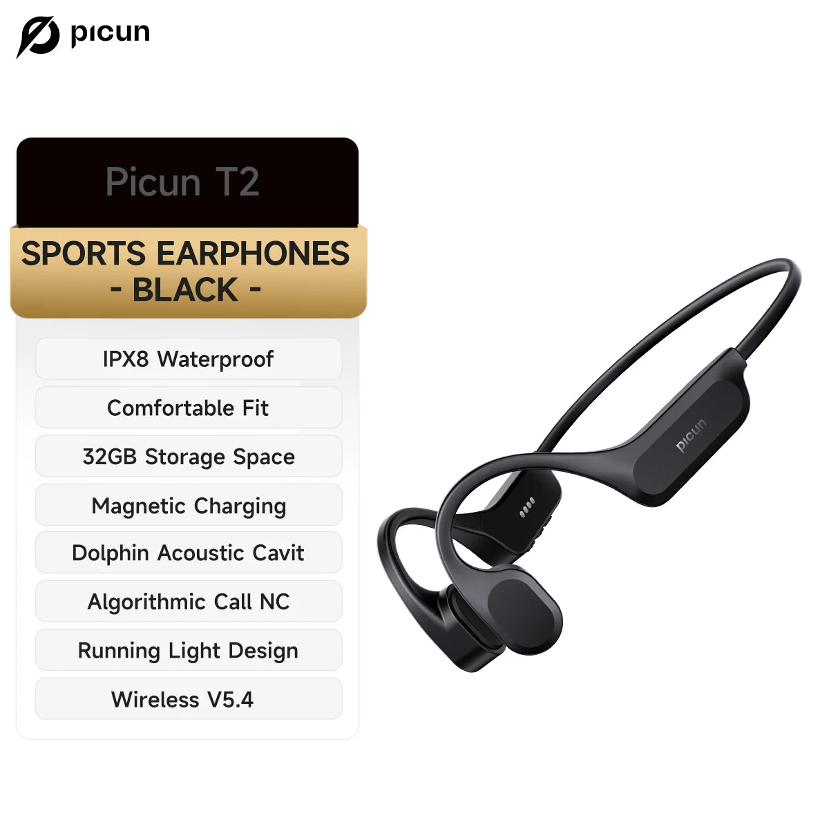 Picun T2 Bone Conduction Earphone IPX8 32GB Bluetooth 5.4 Wireless Headset Hands-free with Mic Waterproof Earbud for Swim Riding
