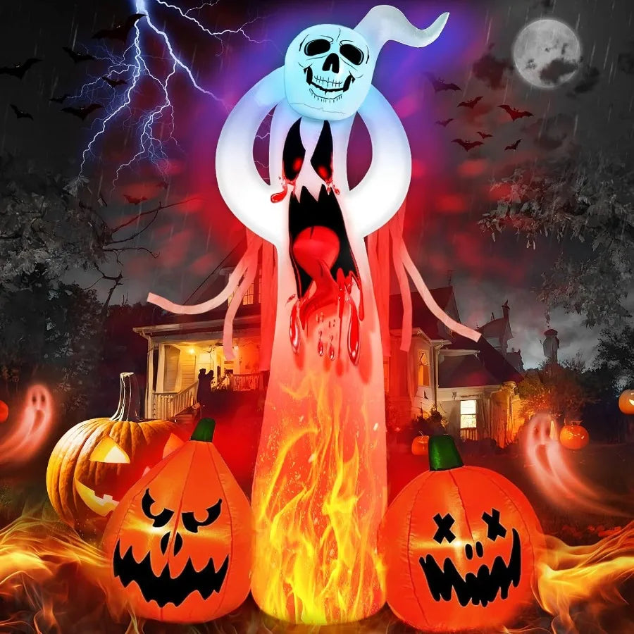 Halloween Inflatable Ghost Outdoor Decorations: 8 FT Scary Ghost with Pumpkin and 3D Tongue Halloween Decor with Buildin LEDs f