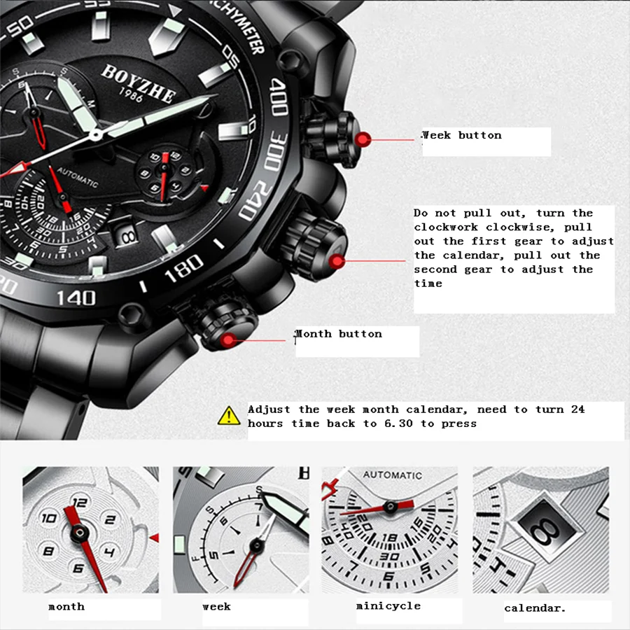 BOYZHE men's watches: Fully automatic mechanical watches, multi-functional men's watches, transparent case back men's mechanical