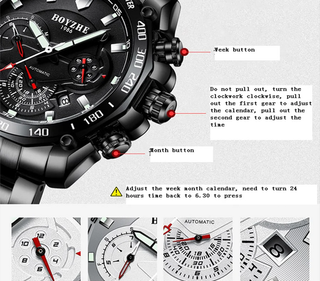 BOYZHE men's watches: Fully automatic mechanical watches, multi-functional men's watches, transparent case back men's mechanical
