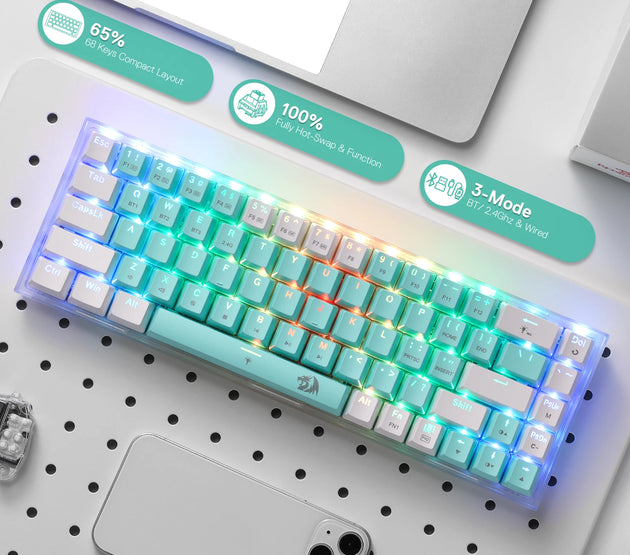 Redragon K631 PRO WT Hot-Swappable 65% 3-Mode Wireless RGB Gaming Keyboard, Custom Quiet Linear Switch