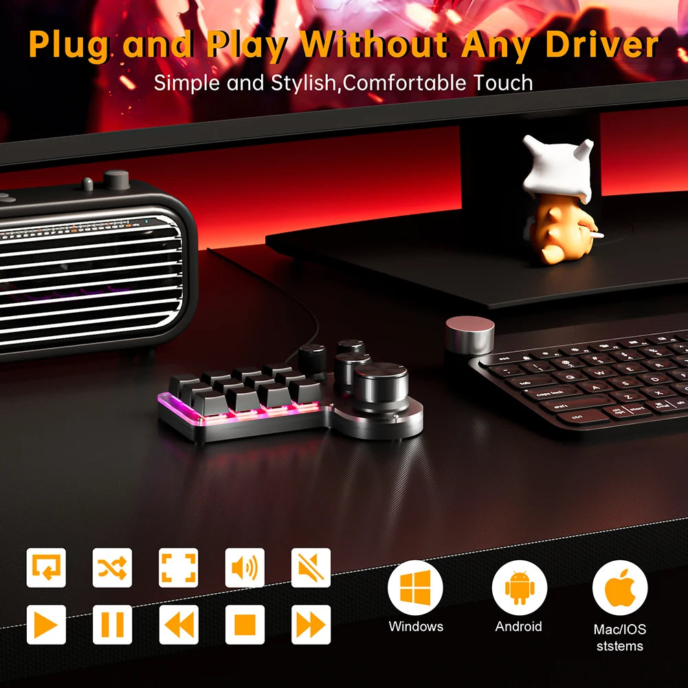 12 Keys 4 Knobs Mechanical Gaming Keyboard USB Wired/Bluetooth-Compatible Programming Macro Keyboard DIY Custom Hot-swap Keypad