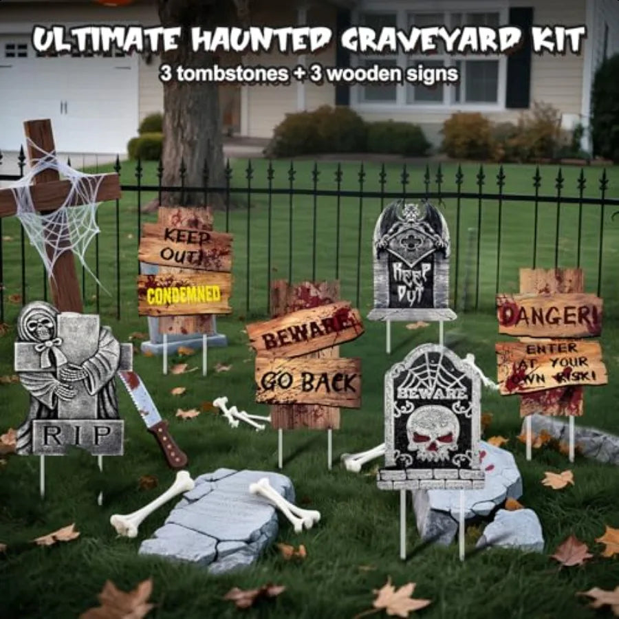 Halloween Decorations Outdoor 6 Pack Realistic Corrugated Plastic Tombstones and Scary Graveyard Signs with Stakes Statues Scar