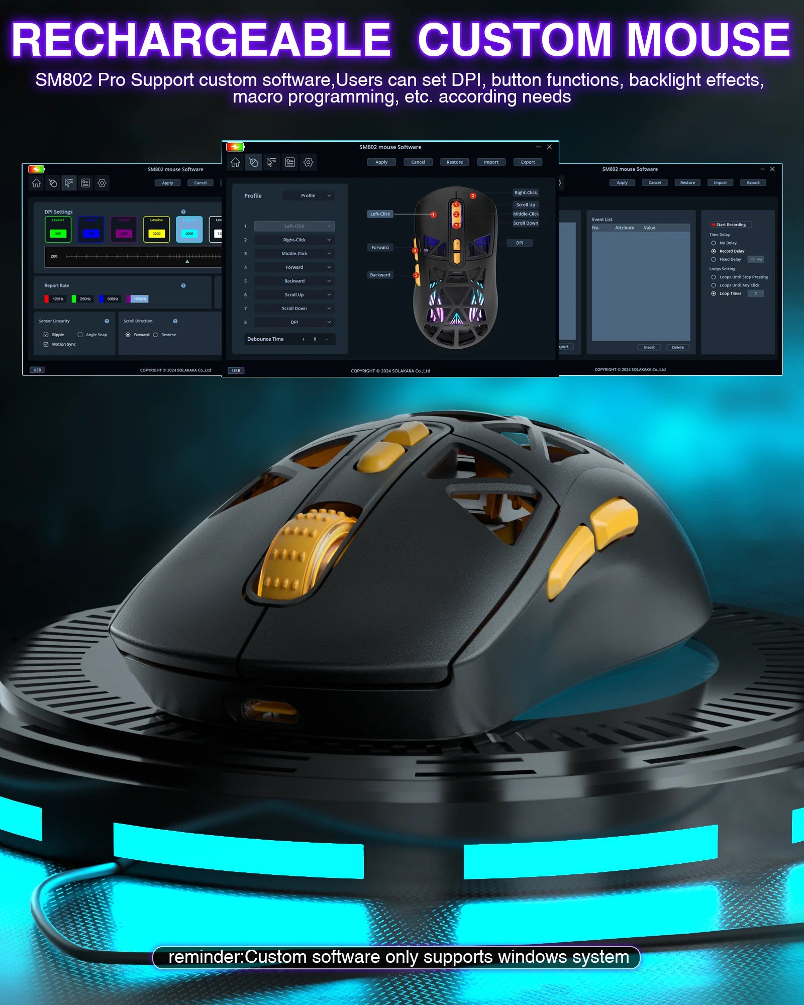 SOLAKAK SM802 Tri-modes Gaming Mouse Replaceable Shell Macros, 6-adjustable DPI, 600mah, RGB, lightweight