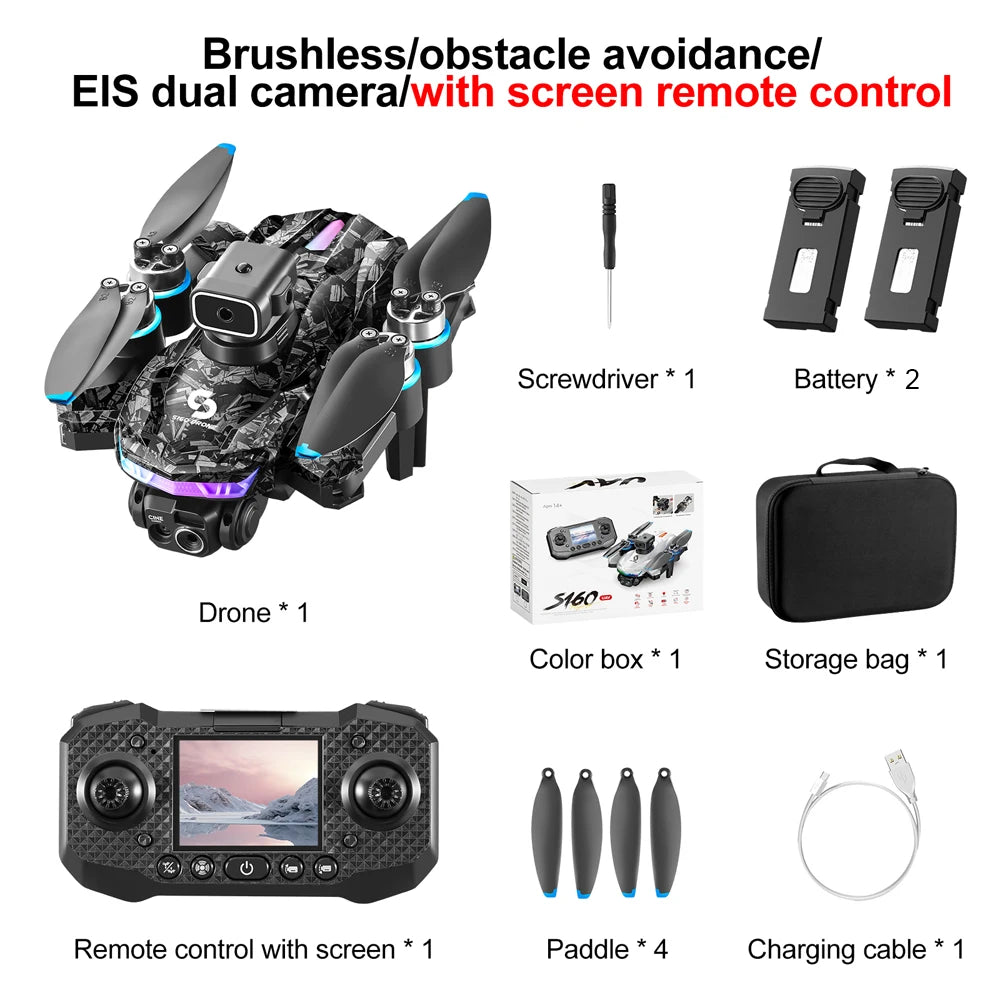 S160 Color LED Drone Professional 4K HD EIS Dual Camera with Screen Quadcopter Optical Flow Brushless Drone Toy