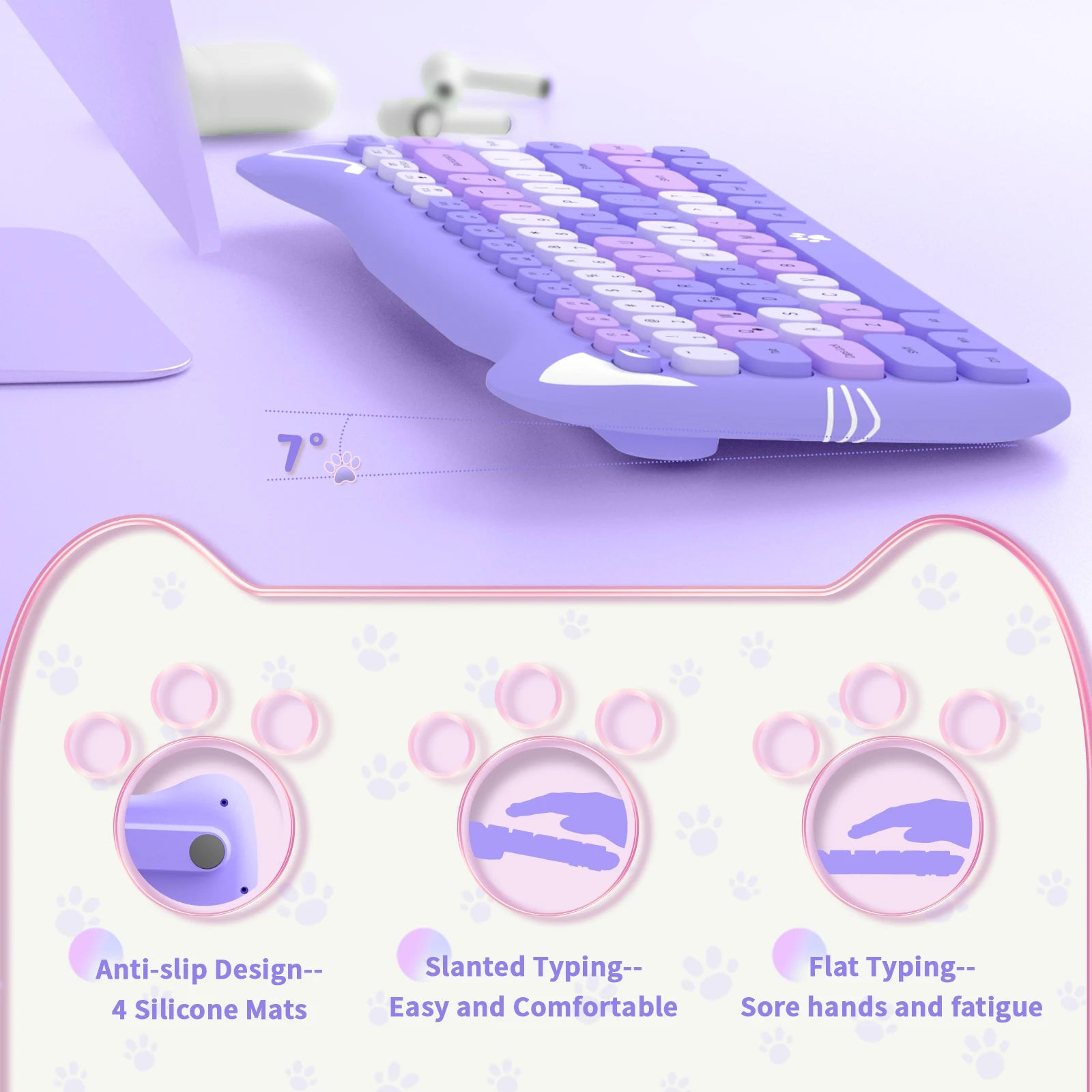 3060i 84-Key Cute Bluetooth Keyboard, Portable Thin Wireless Keyboard with Colorful Round Keycap/Kawaii Cat Ears Design