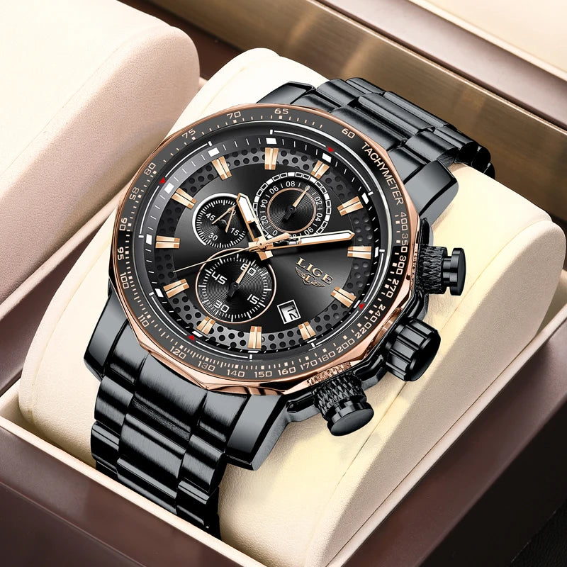LIGE Men's Watches Chronograph Stainless Steel Waterproof Business Multi-functional Original Exclusive Wristwatch for Men+Box