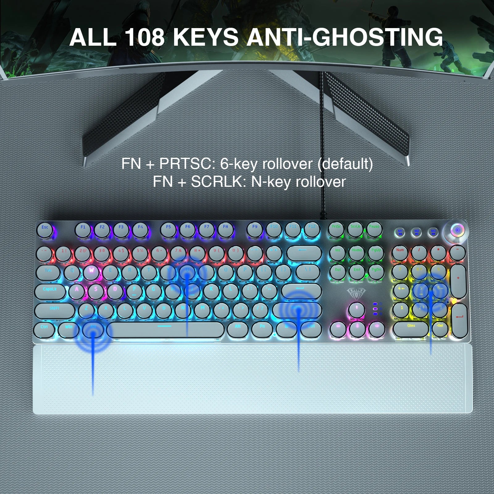 F2088 Mechanical Keyboard Round 104 keys Blue Mechanical Switch Gaming Keyboard RGB Backlit Ergonomic Design