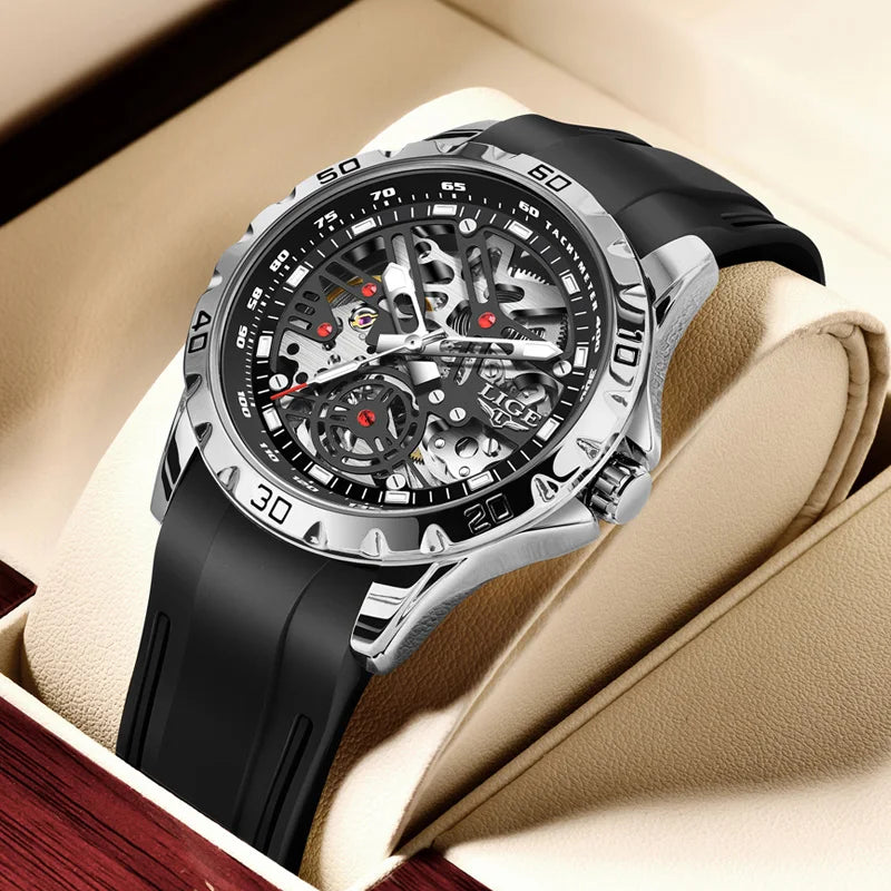 LIGE Luxury Men Watches Automatic Mechanical Wristwatch Skeleton Design Waterproof Silicone Strap Male Watch Reloj Hombre+Box