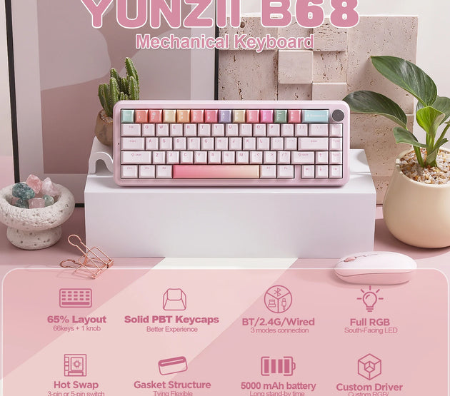 YUNZII B68 Wireless Mechanical Gaming Keyboard, Tri-Mode Hot Swappable Cute Gasket Mounted Creamy Keyboard for Win/Mac,