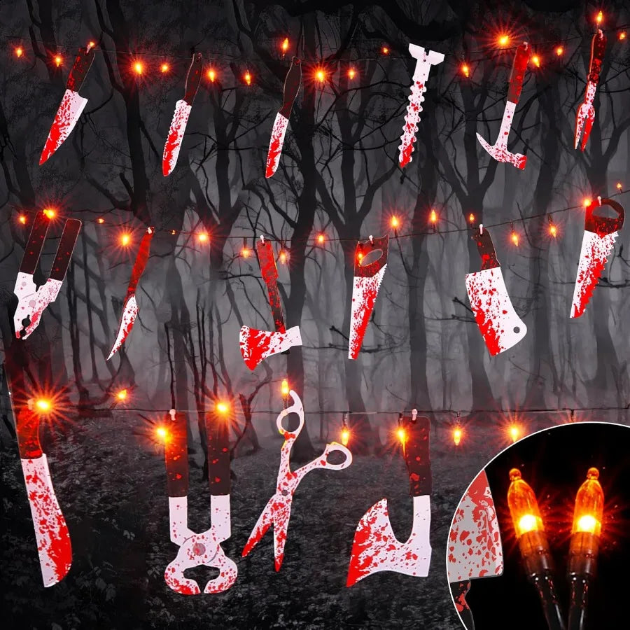 Scary Halloween Decorations Props 12 FT Halloween String Lights with 16 Fake Bloody Knives 50 LED Orange Big Bulbs 8 Modes Batt