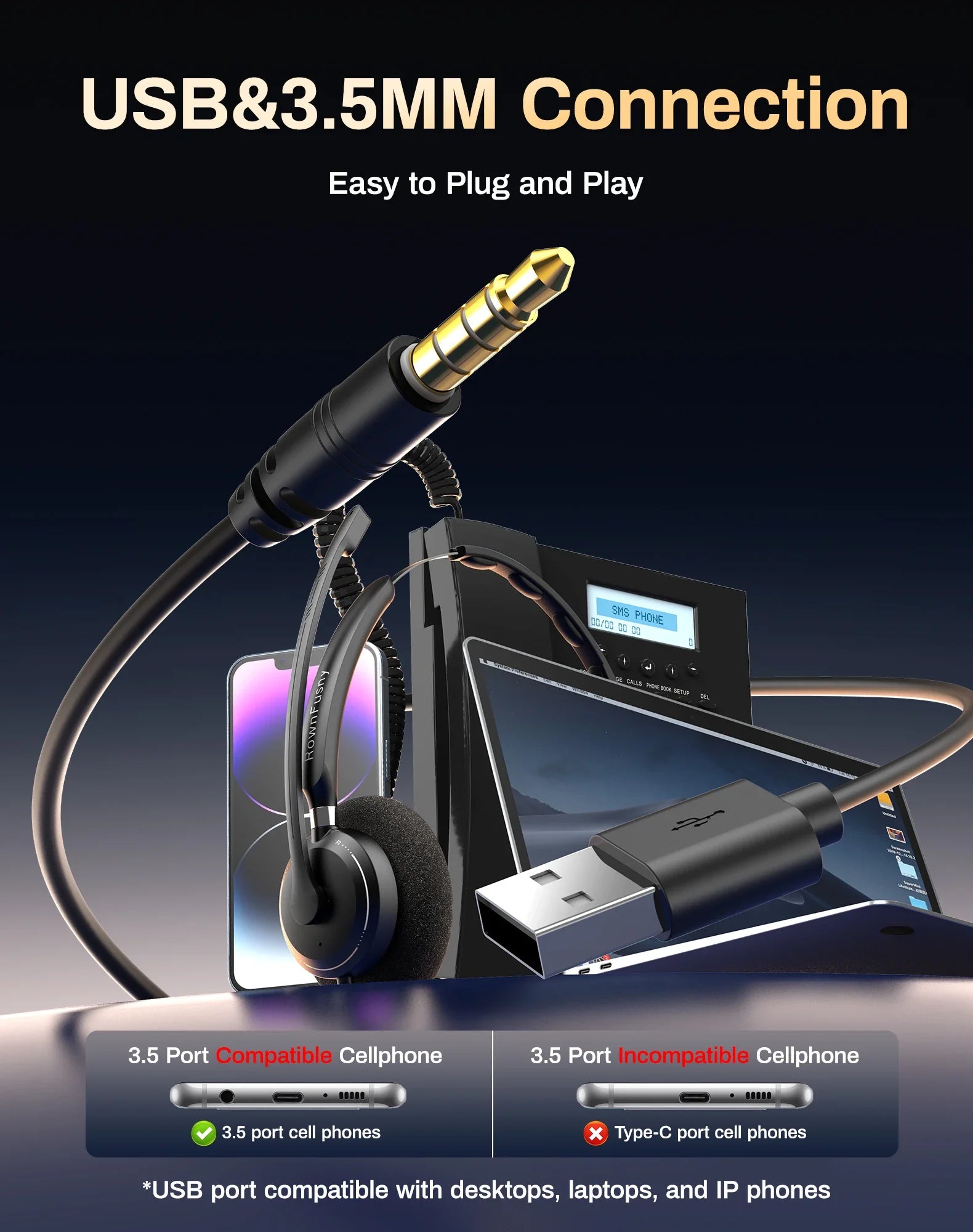 Headset with Call Answer Button Computer Headsets with Microphone for PC, USB Wired Headphone with Noise Reduction Microphone