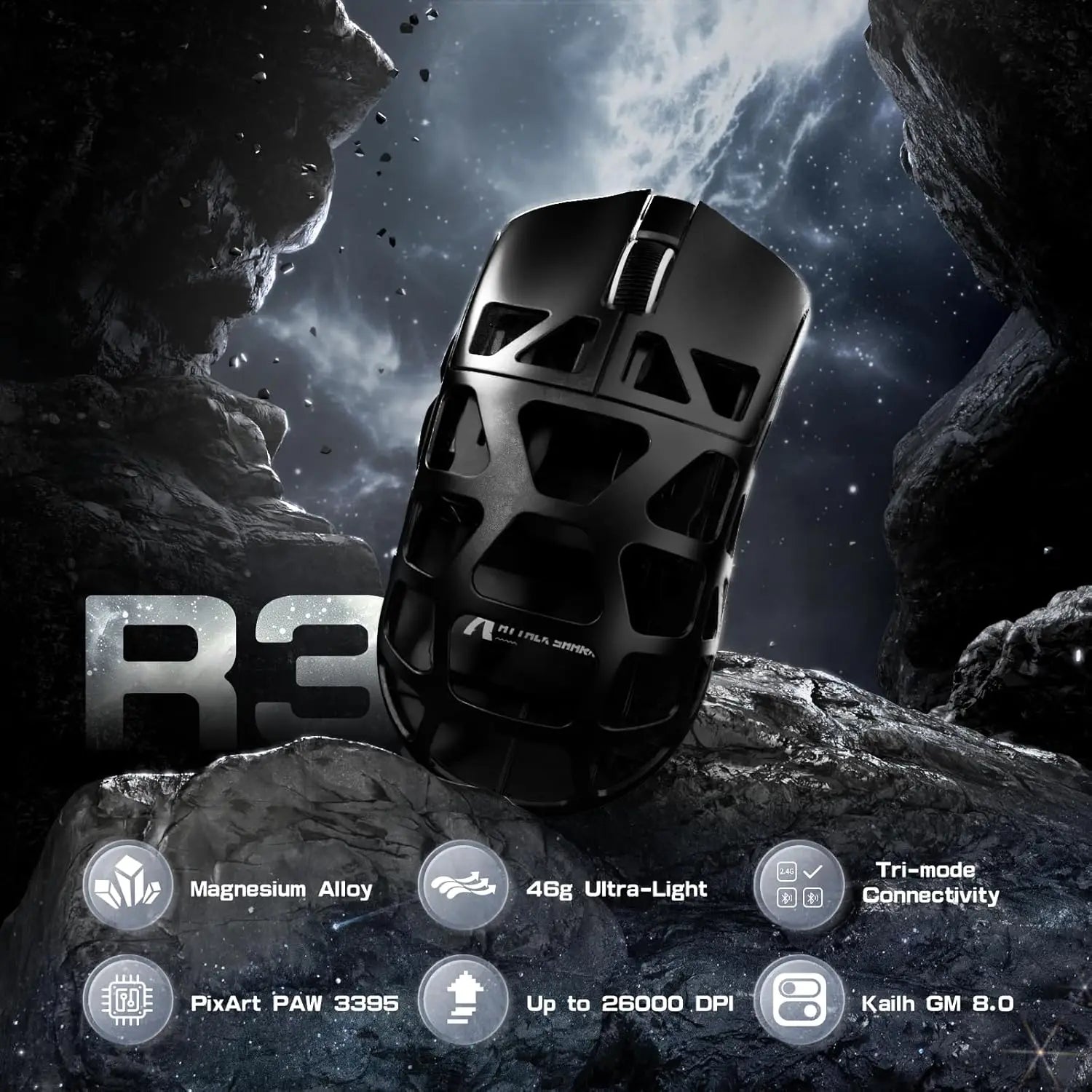 Attack Shark R3 Wireless Gaming Mouse,PAW3395 Up to 26K DPI 8KHz Return Rate,Magnesium Alloy 46G Ultralight Hollowed Design, Tri