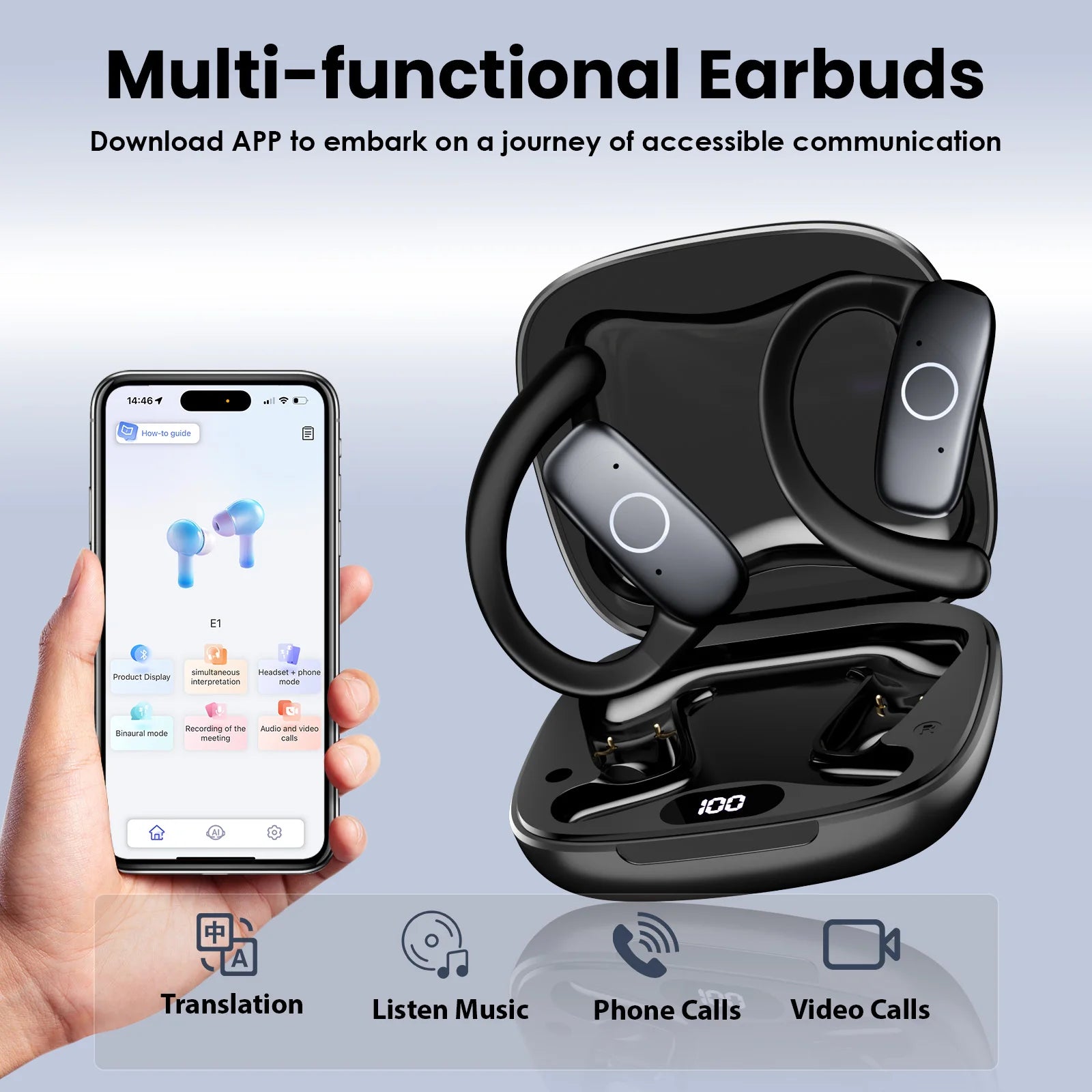 E1 5.4 AI Language Translation Headphones with 114 Languages Real Time Earbuds Translator OWS Ear Buds for Business Travel