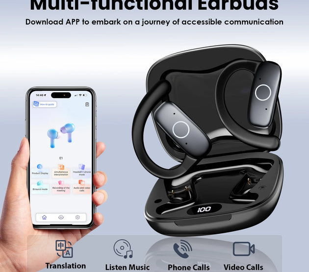 E1 5.4 AI Language Translation Headphones with 114 Languages Real Time Earbuds Translator OWS Ear Buds for Business Travel