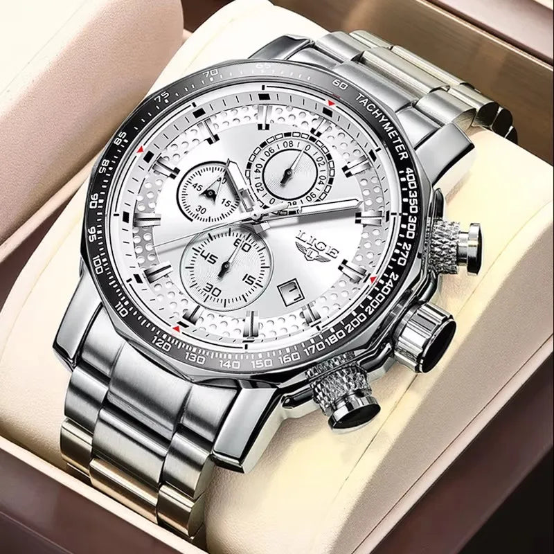 LIGE Men's Watches Chronograph Stainless Steel Waterproof Business Multi-functional Original Exclusive Wristwatch for Men+Box