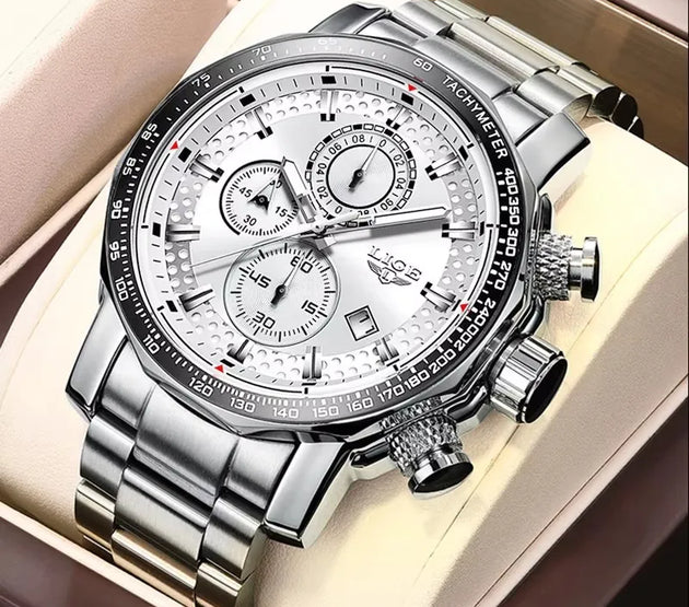 LIGE Men's Watches Chronograph Stainless Steel Waterproof Business Multi-functional Original Exclusive Wristwatch for Men+Box
