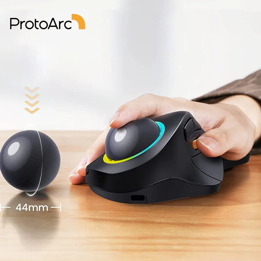 ProtoArc EM03 Wireless Bluetooth Trackball Mouse Rechargeable Ergonomic RGB Backlit Rollerball Mice for Windows Mac iPad
