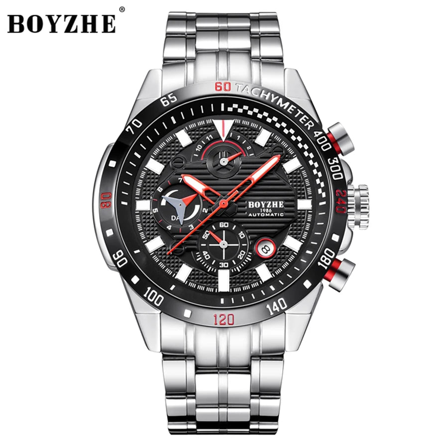 BOYZHE mechanical watch, multi-functional fully automatic mechanical watch, skeleton calendar business watch, waterproof men's w