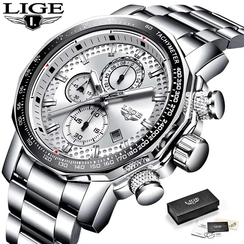 LIGE Men's Watches Chronograph Stainless Steel Waterproof Business Multi-functional Original Exclusive Wristwatch for Men+Box