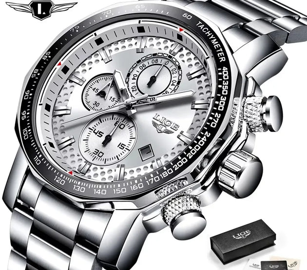 LIGE Men's Watches Chronograph Stainless Steel Waterproof Business Multi-functional Original Exclusive Wristwatch for Men+Box