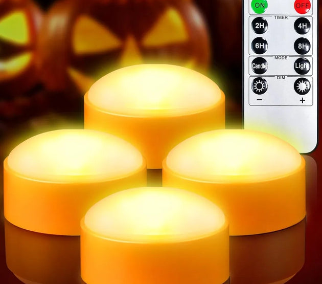 4 Pack Battery Operated Timer Halloween LED Pumpkin Lights with Remote Control for Flameless Flickering Orange Jack O Lantern D