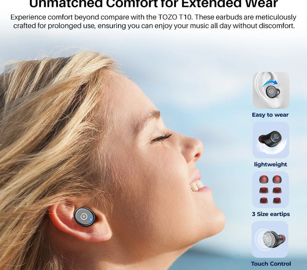 Refurbished TOZO Ergonomic Headsets TWS Earbuds AI Via APP Wireless Touch Control  IPX8 HiFi Sound Stereo for IOS Android PC