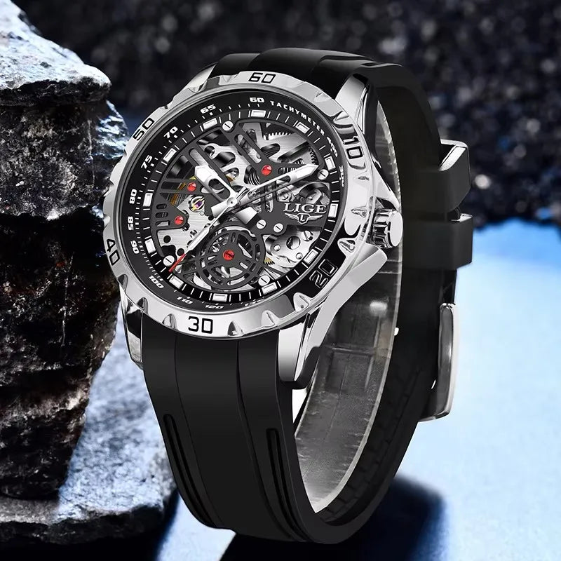 LIGE Luxury Men Watches Automatic Mechanical Wristwatch Skeleton Design Waterproof Silicone Strap Male Watch Reloj Hombre+Box