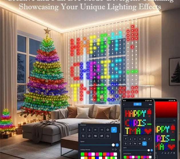 400LEDs Smart LED Curtain Lights USB Dynamic Pattern DIY Curtain String Light with App Remote for Christmas Halloween 2*2m/3*3m