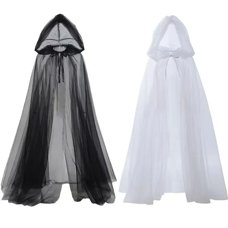 Halloween Hooded Cloak Long Mesh Cape Dark Gothic Costume Witch Robe Unisex Cosplay Outfit