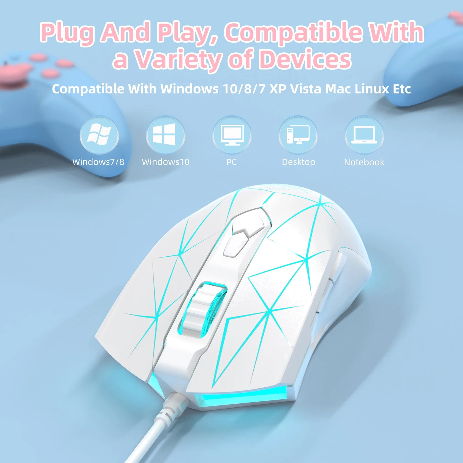 AJ52 RGB Lightweight Gaming Mouse, Programmable 7 Buttons, Ergonomic LED Backlit USB Gamer Mice for Windows Mac OS Linux