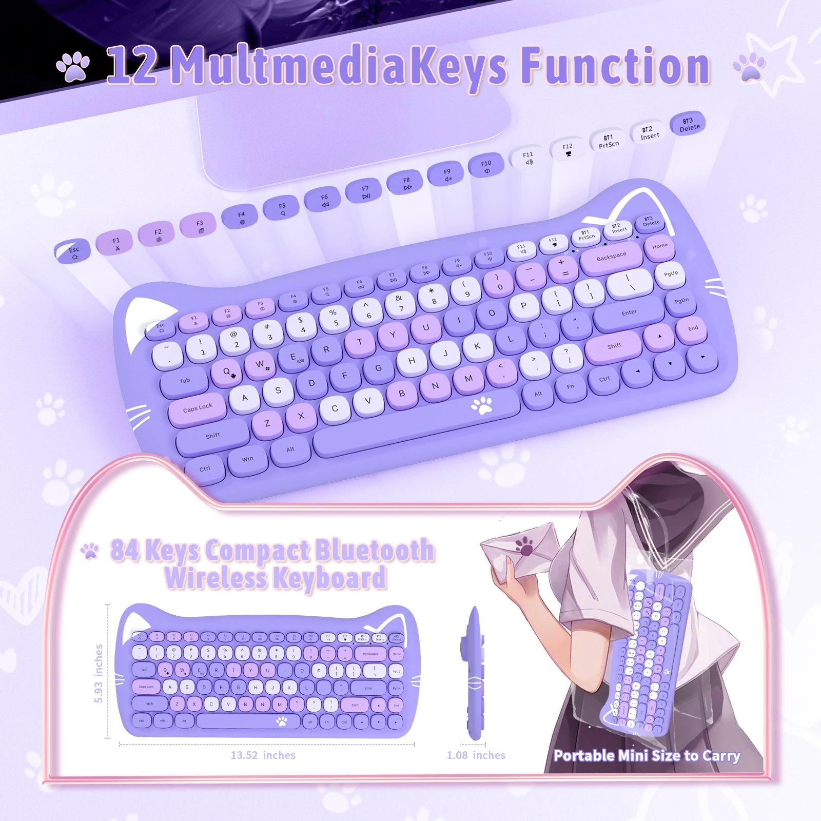 3060i 84-Key Cute Bluetooth Keyboard, Portable Thin Wireless Keyboard with Colorful Round Keycap/Kawaii Cat Ears Design