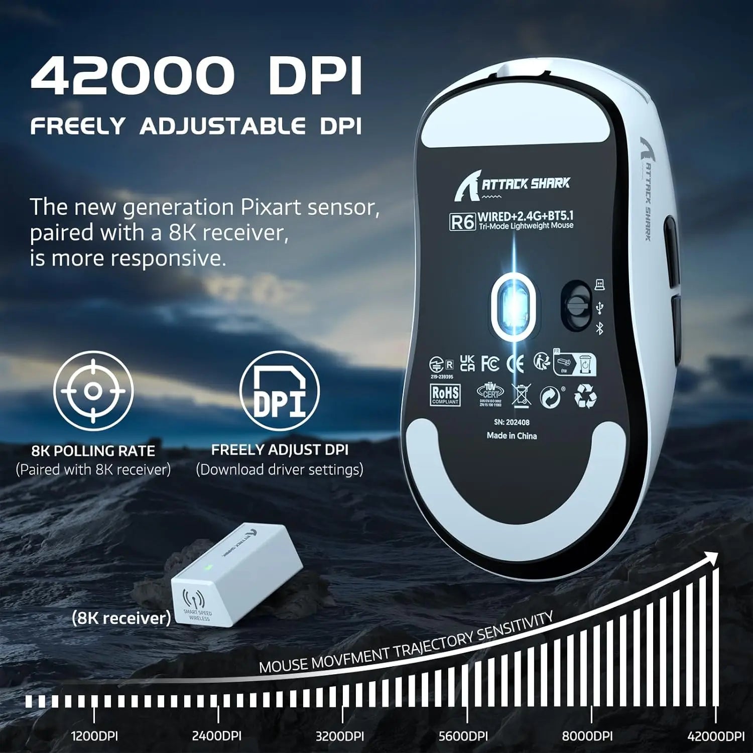 Attack Shark R6 Lightweight Wireless Gaming Mouse, PAW 3950Max Sensor Computer Mouse with Nordic 52480, 8KHz Polling