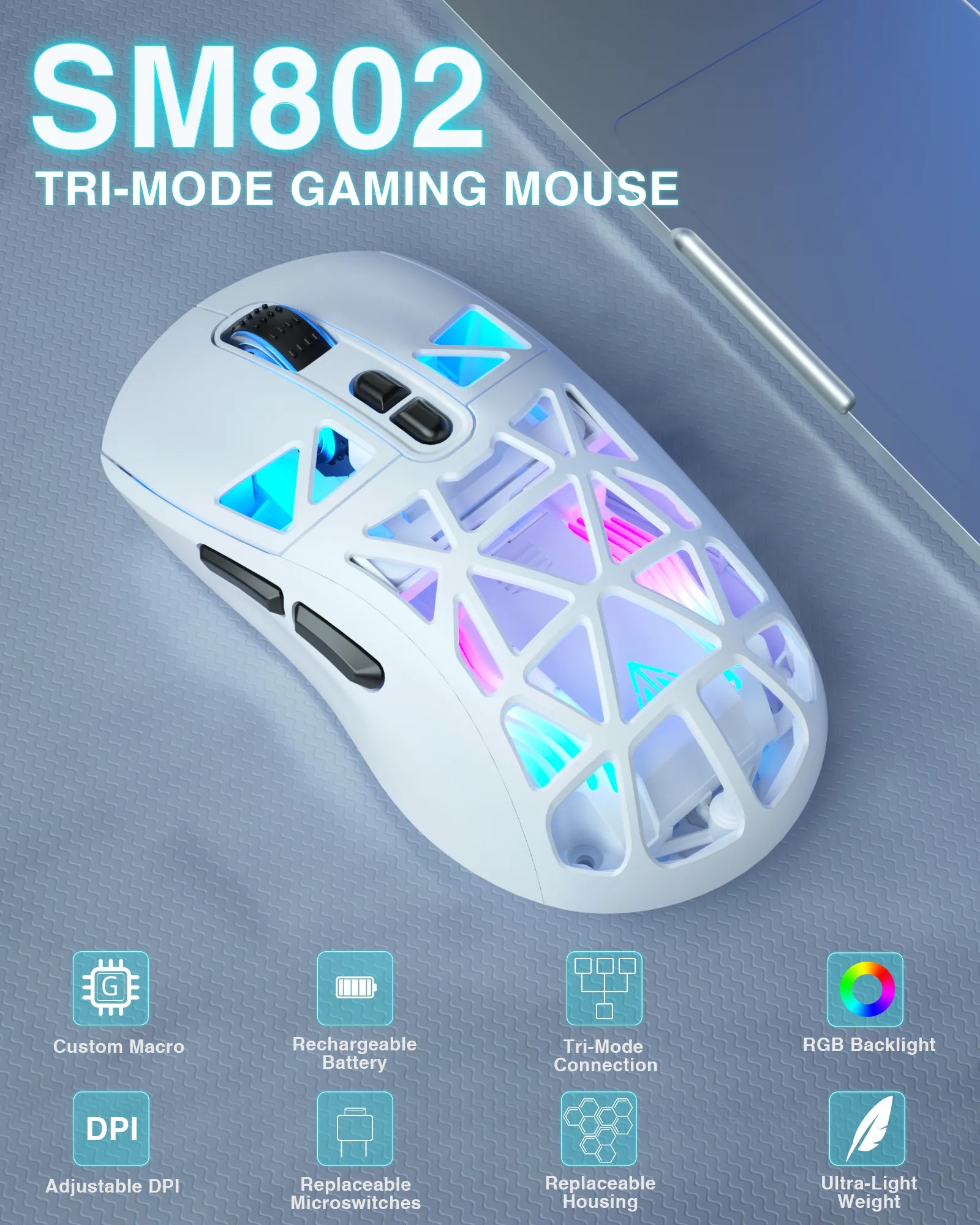 SOLAKAK SM802 Tri-modes Gaming Mouse Replaceable Shell Macros, 6-adjustable DPI, 600mah, RGB, lightweight