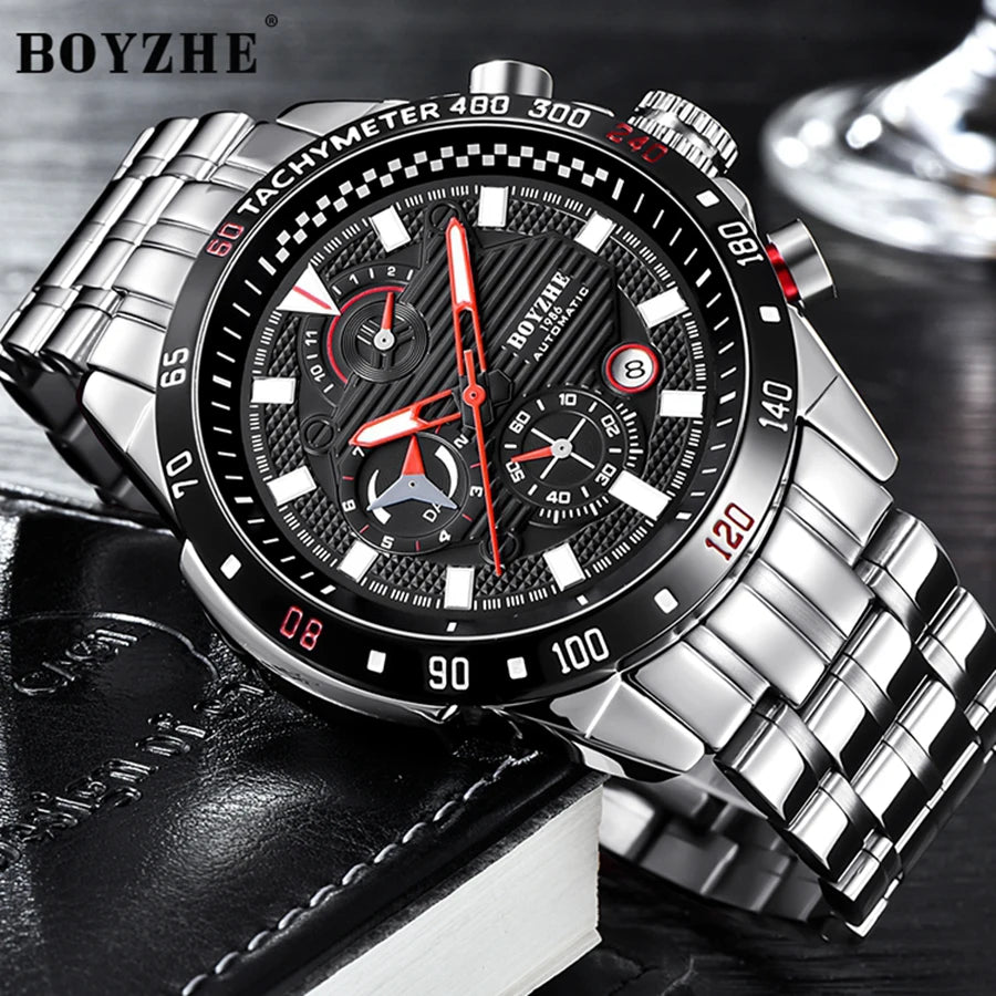 BOYZHE mechanical watch, multi-functional fully automatic mechanical watch, skeleton calendar business watch, waterproof men's w
