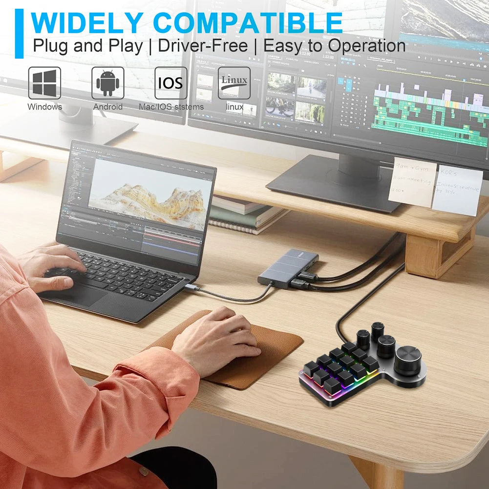 12 Keys 4 Knobs Mechanical Gaming Keyboard USB Wired/Bluetooth-Compatible Programming Macro Keyboard DIY Custom Hot-swap Keypad