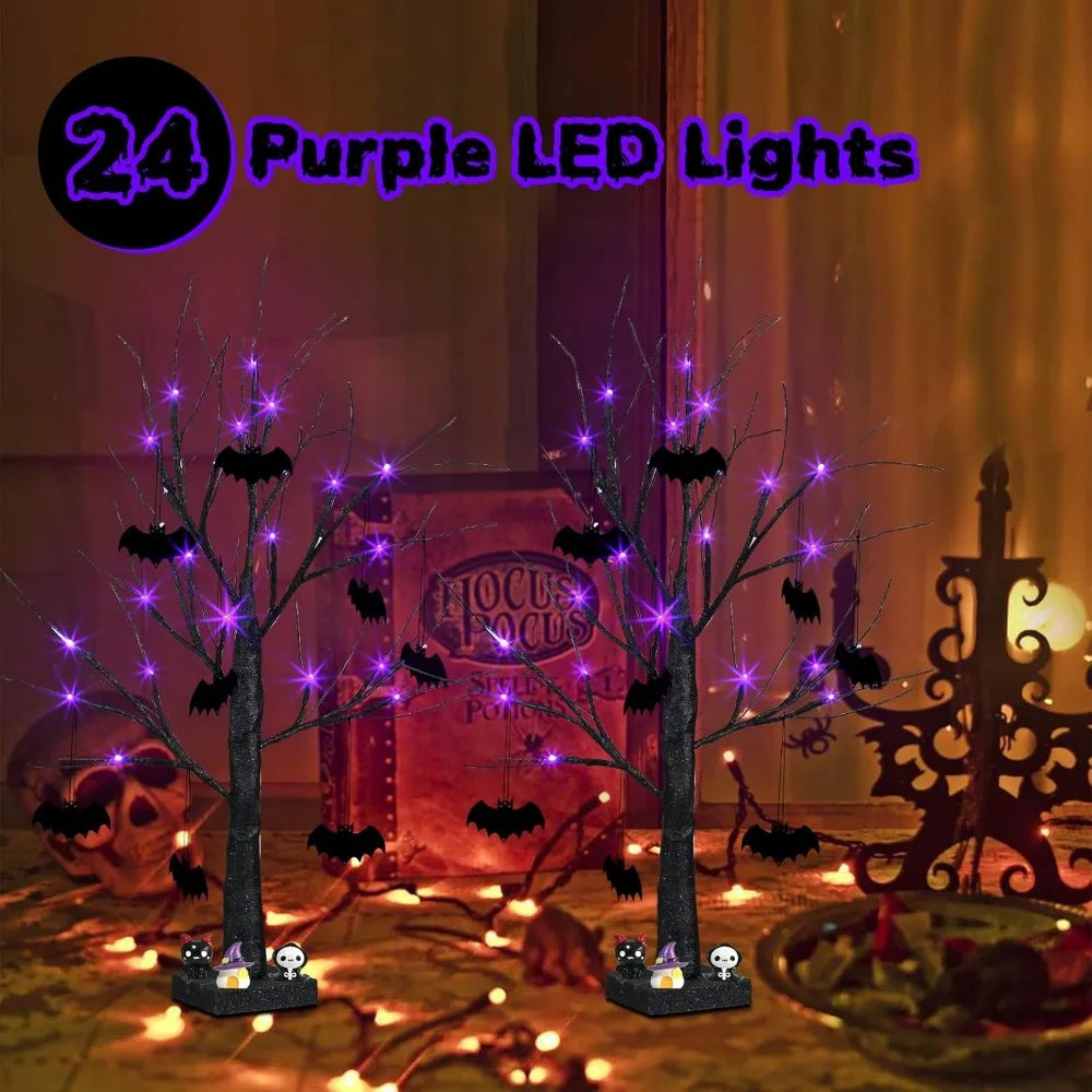 Halloween Decorations, 2FT Black Halloween Tree with 24 Purple Lights and 8 Bat Ornaments, Light up Halloween Decorations with