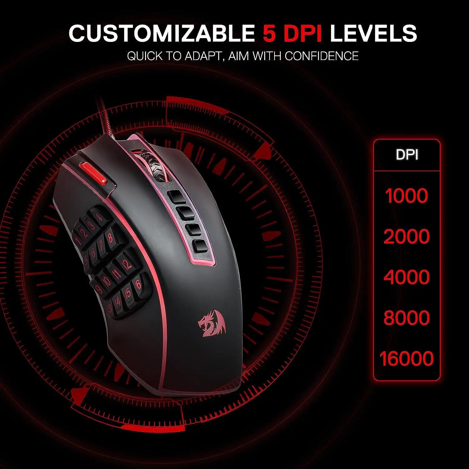 Redragon M990 MMO Gaming Mouse, 32000 DPI High Precision Wired RGB Gamer Mouse w/23 Programmable Buttons, 16 Side Macro Keys