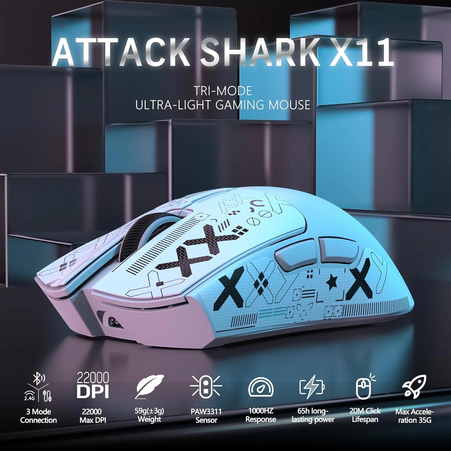 ATTACK SHARK X11 Wireless Gaming Mouse with RGB Magnetic Charging Dock, Wired/2.4G/BT, 22K DPI,Ultralight 59g Tri-Mode with Tape