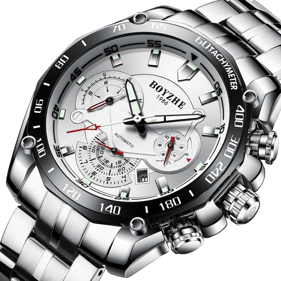 BOYZHE men's watches: Fully automatic mechanical watches, multi-functional men's watches, transparent case back men's mechanical