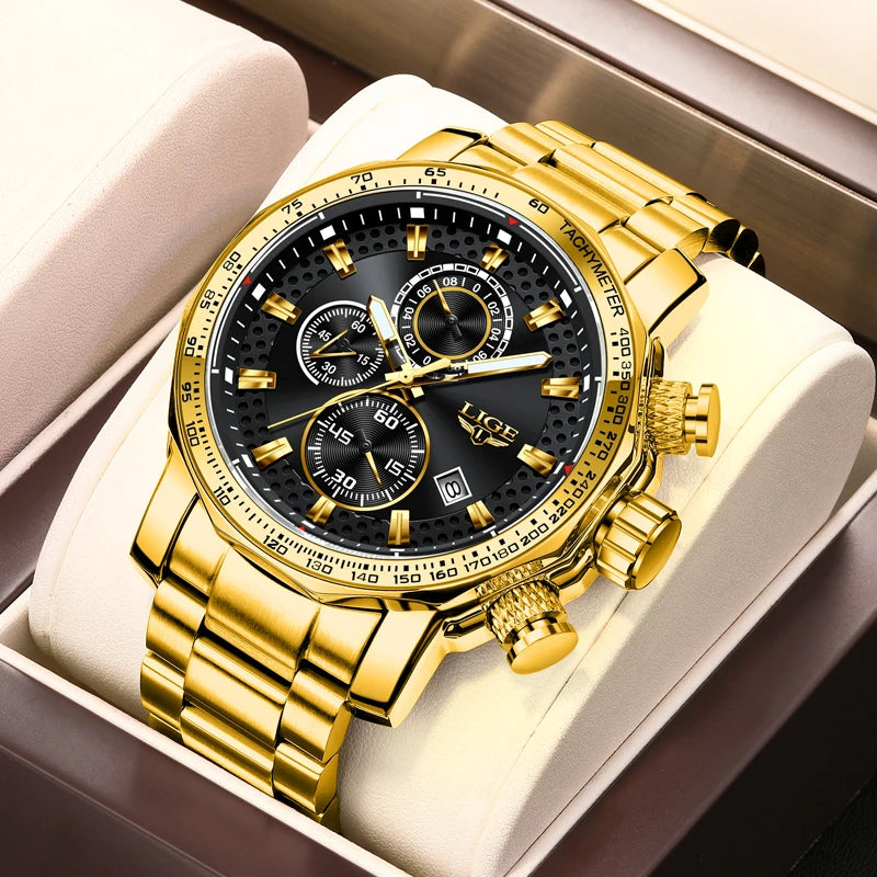 LIGE Men's Watches Chronograph Stainless Steel Waterproof Business Multi-functional Original Exclusive Wristwatch for Men+Box